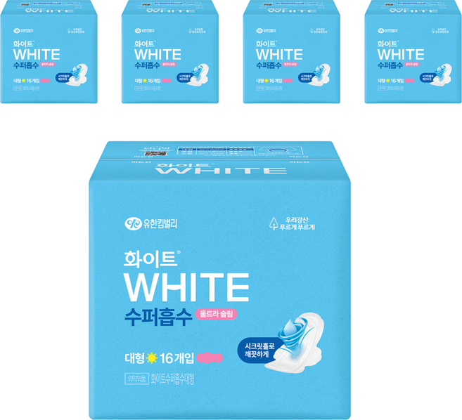 화이트 수퍼흡수 울트라슬림 생리대 날개형, 대형, 16개입, 5개
