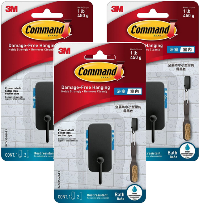 3M Command 無痕 金屬防水小型掛鉤 BATH33-MB-ES, 霧黑色, 3個