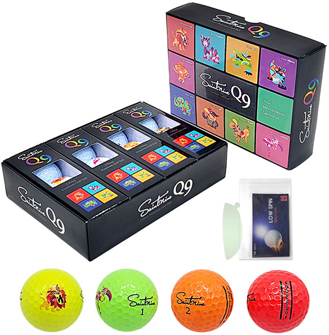 세인트나인 프리미엄 골프볼 Q9 + 세인트나인 + 장타스티커, 옐로우 + 그린 + 오렌지 + 핑크, 1세트