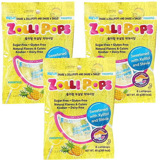 ZOLLI POPS 水果風味無糖棒棒糖, 40g, 鳳梨口味, 3袋
