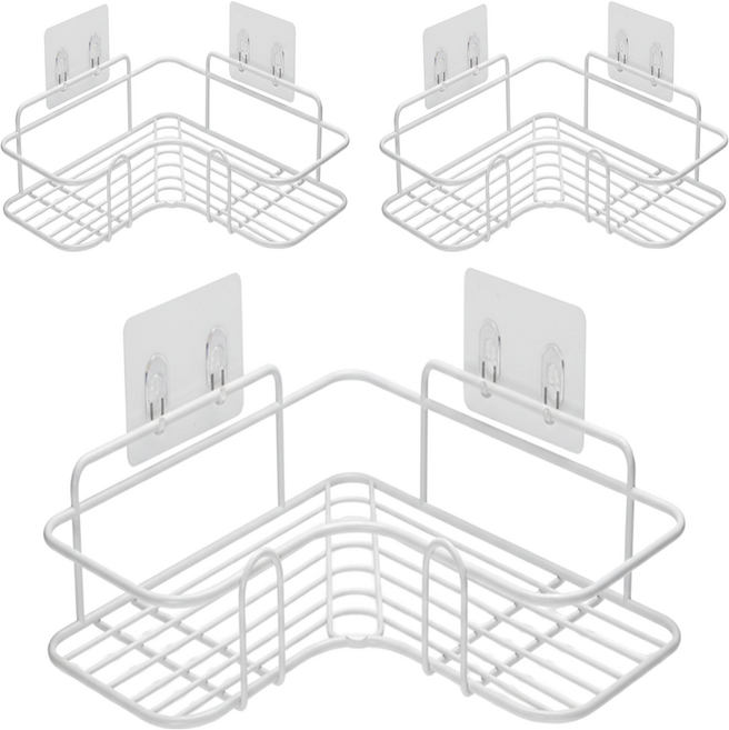 벨로나이트 욕실 벽걸이 멀티 코너선반 철제 수납 선반 코너형 고리형, 화이트, 3세트