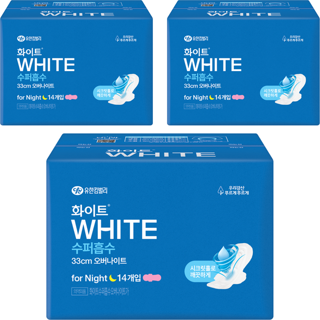 화이트 수퍼흡수 생리대 날개형, 오버나이트, 14개입, 3개