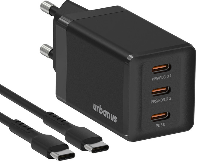 어반어스 GaN 67W 미니 C타입 3포트 PD PPS 초고속 충전기 65W C TO C 케이블 1.5m, 블랙, 1개