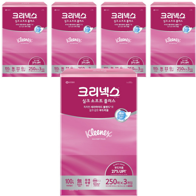 크리넥스 실크 소프트 플러스 미용티슈 2겹, 250매, 15개