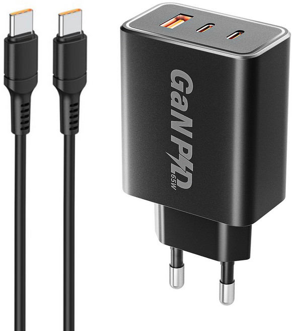 YINTO GaN 65W c타입 고속 충전기 3포트 PD3.0 PPS + C TO C 1M 100w 케이블 세트, 1세트, 블랙
