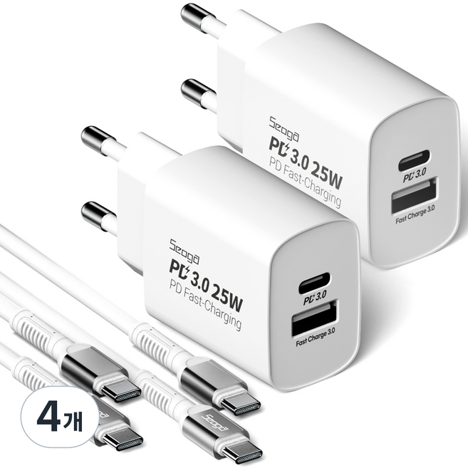 서가 C타입 초고속 충전기 25W PD3.0 PPS 2포트 멀티 + 메탈 고강도 CtoC 케이블 1.5m 60W 세트, 화이트, 4개