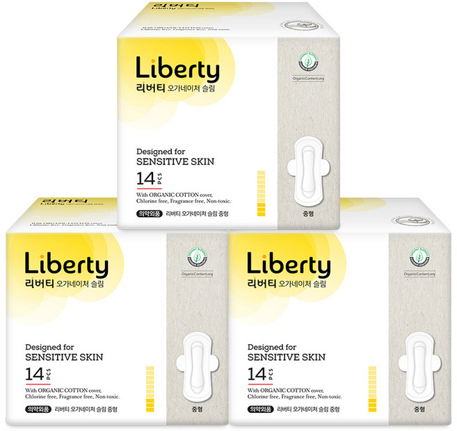 리버티오가네이처 유기농 순면커버 슬림 생리대 날개형, 중형, 14개입, 3개