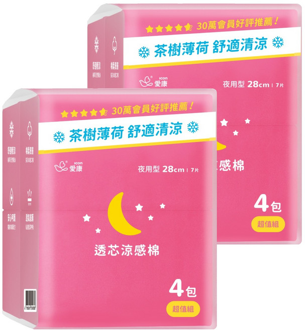 icon 愛康 透芯涼感棉 28cm, 夜用, 28片, 2組