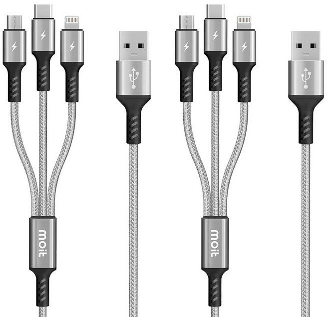 moit 3合1多功能高速充電線 單色 2入 120cm, 銀色