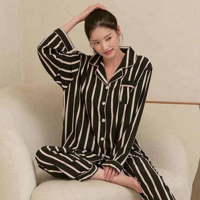 글램공감 파블로 카라형 스트라이프 긴팔 잠옷 상하의 세트