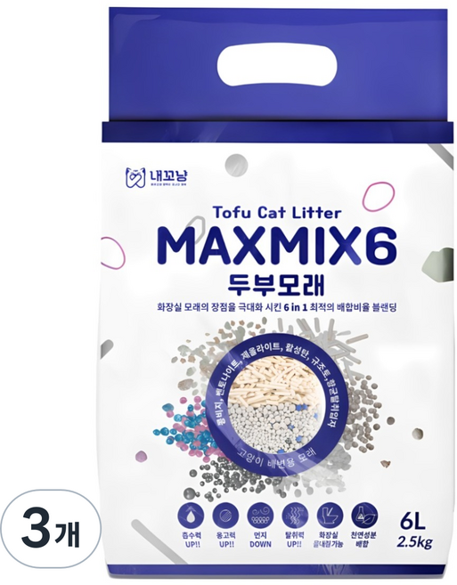 내꼬냥 고양이 프리미엄 두부벤토 모래 6in1 MAXMI6, 2.5kg, 3개, 무향