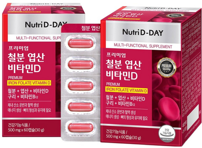 뉴트리디데이 프리미엄 철분 엽산 비타민D 30g, 60정, 2개