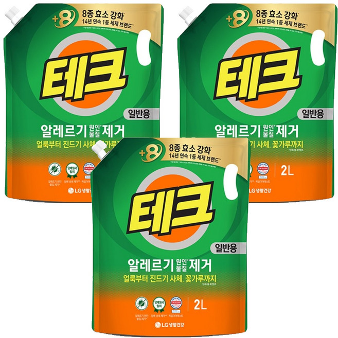 [비건라이프] 테크 알레르기 원인물질 제거 일반용 액상세제 리필, 2L, 3개