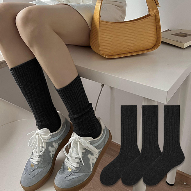 삭스판다 여성용 울 니트 골지 롱롱 긴 장목 양말 3켤레