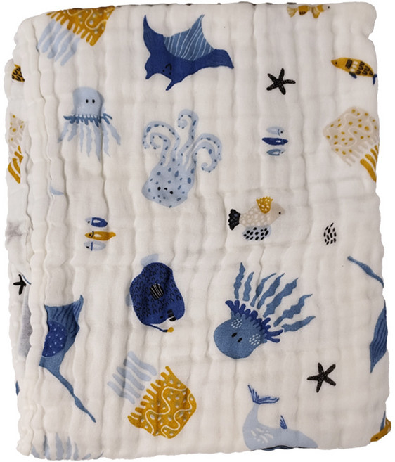 純棉六層紗布兒童浴巾 吸水透氣 新生兒推車蓋毯, 海底總動員 白色, 1條