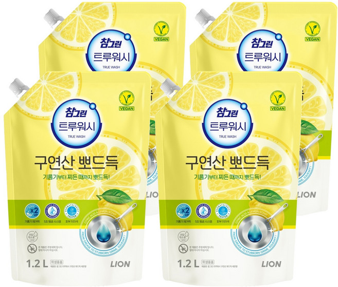 [비건라이프] 참그린 트루워시 구연산 뽀드득 주방세제 레몬향 리필, 1.2L, 4개