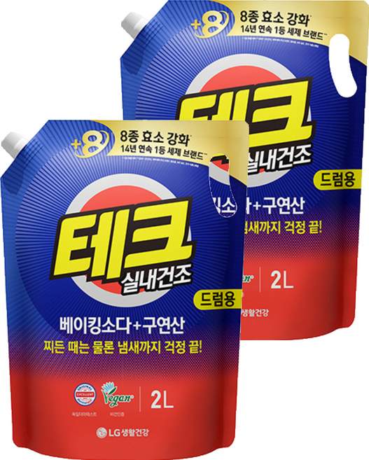 테크 베이킹소다 플러스 구연산 실내건조 드럼용 액상세제 리필, 2L, 2개