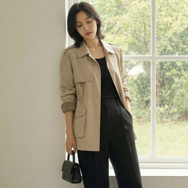 아뗄릭 니티 빅사이즈 체크 배색 하프 트렌치 코트 11489