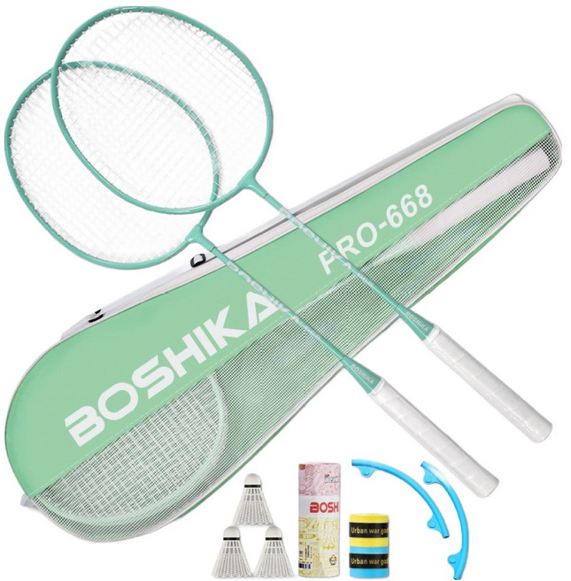 보시카 배드민턴 라켓 2p + 셔틀콕 3p + 헤드커버 2p + 그립밴드 2p + 가방 풀구성, PRO-668(MT), 1세트