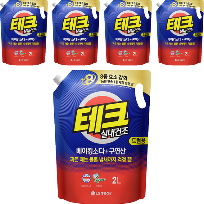테크 베이킹소다 플러스 구연산 실내건조 액체세제 드럼용 리필, 2L, 5개