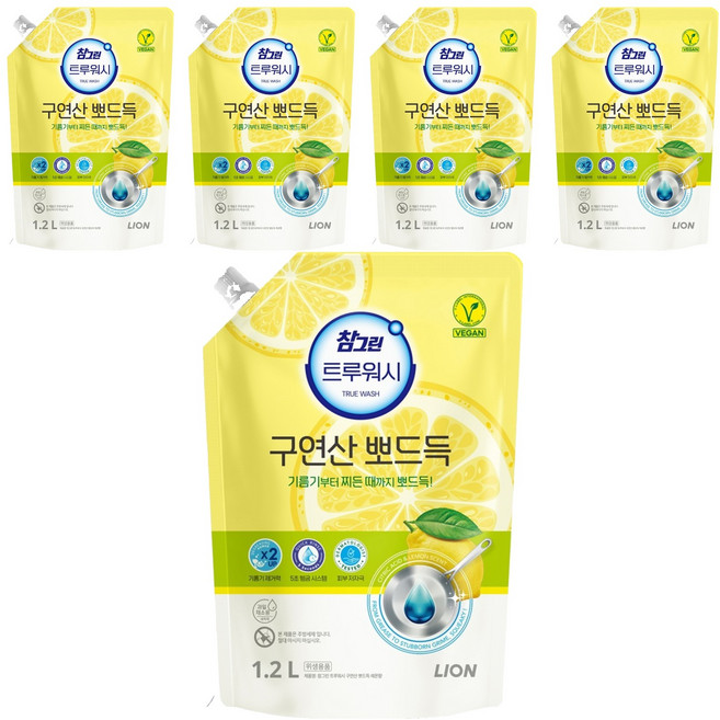 [비건라이프] 참그린 트루워시 구연산 뽀드득 주방세제 레몬향 리필, 1.2L, 5개