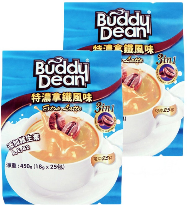 Buddy Dean 巴迪 三合一咖啡 特濃拿鐵風味, 18g, 25包, 2袋