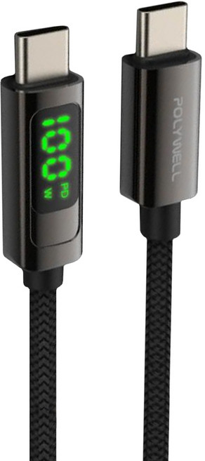 POLYWELL 寶利威爾 USB Type-C-C 數位顯示PD快充線 PW15-W45-A276, 1m, 黑色, 1條
