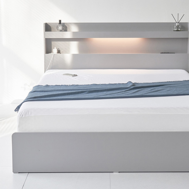 도모 라베노 LED 3단 수납형 침대 프레임 + 포켓스프링 매트리스 세트 방문설치, 그레이(프레임), 화이트(매트리스)