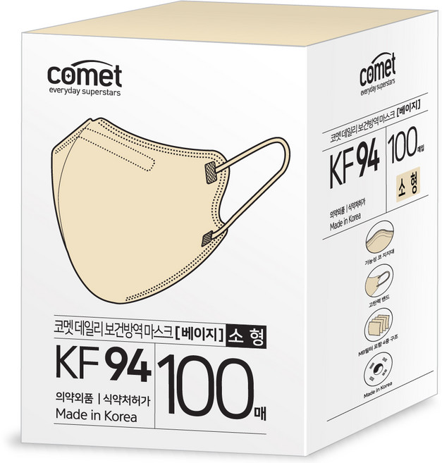 코멧 KF94 데일리 새부리형 보건방역 마스크 소형 와이드핏 어린이용, 5매입, 20개, 베이지