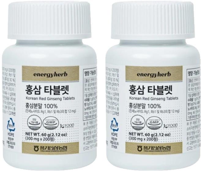 에너지허브 홍삼 타블렛 60g, 2개, 200정 - 쿠팡