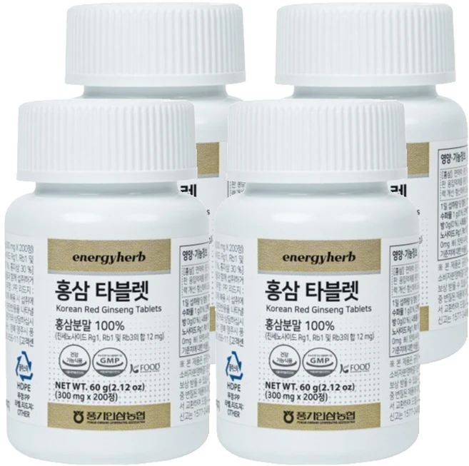 에너지허브 홍삼 타블렛 60g, 4개, 200정 - 쿠팡