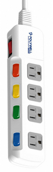 POLYWELL 寶利威爾 電源延長線5切4座 3孔, 180cm, 白色, 1條