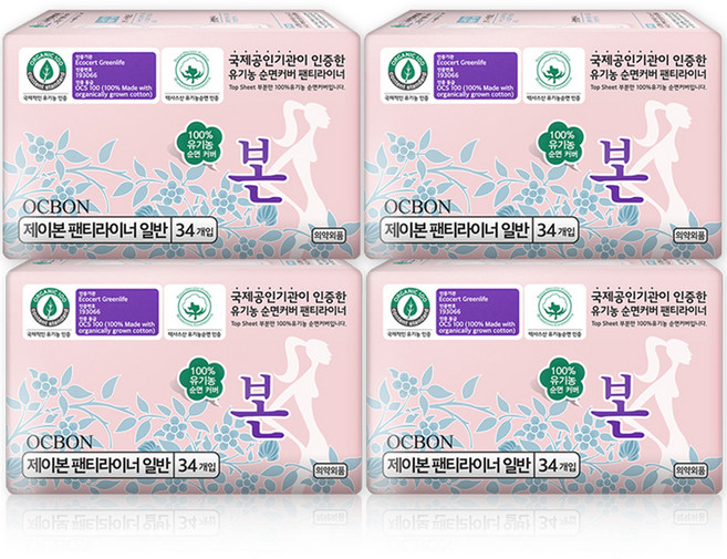 유기농본 제이본 팬티라이너, 일반, 34개입, 4개