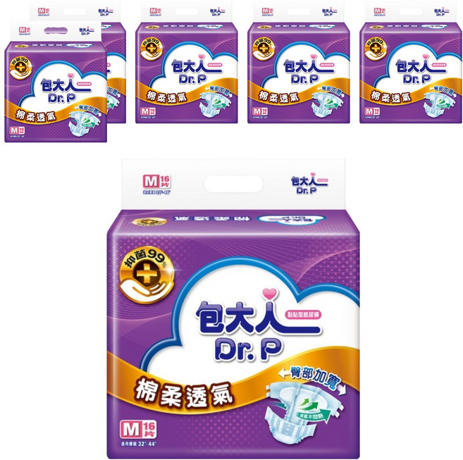 Dr.P 包大人 棉柔透氣 黏貼型成人紙尿褲 臀部加寬, M 腰圍32~44吋, 16片, 6包
