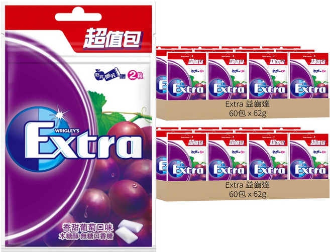 Extra 益齒達 木醣醇 無糖口香糖 香甜葡萄口味, 62g, 120包