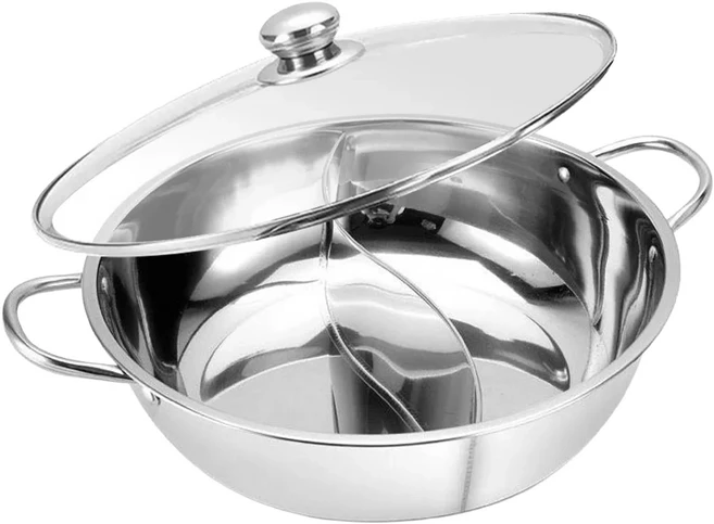 AHOYE 加厚不鏽鋼鴛鴦鍋 附鍋蓋 電磁爐適用 30cm, 1個, 不鏽鋼色