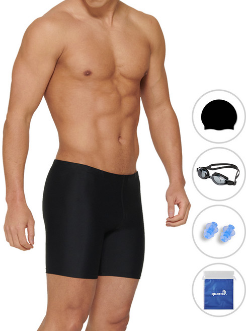 쿠아로 남성용 3부 빅사이즈 실내수영복 + 수모 + 수경 + 귀마개 + 비닐백 세트 ILM301S