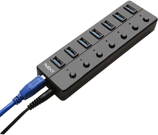넥스트유 USB3.0 허브 7포트 유전원 개별스위치, 블랙
