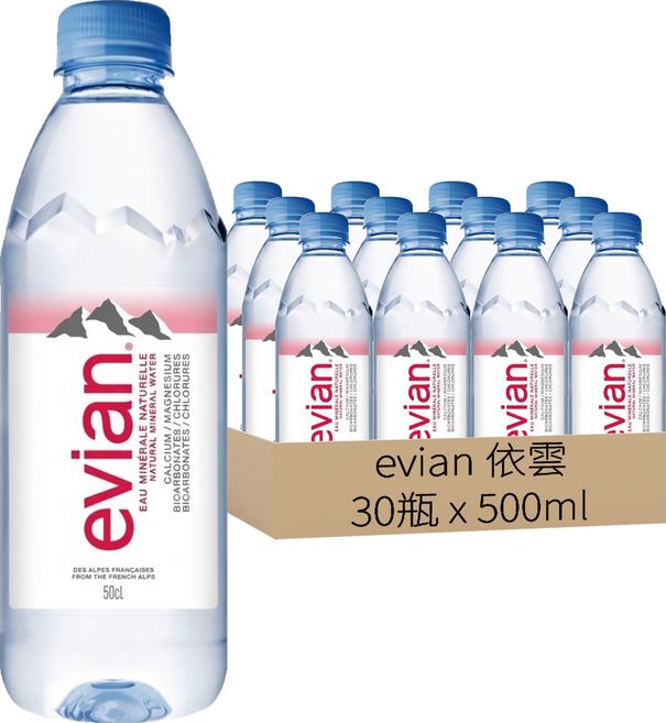 evian 依雲 台灣公司貨 天然礦泉水, 500ml, 30瓶