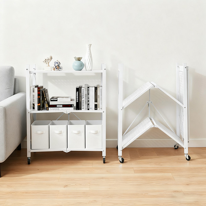 코멧 원터치 접이식 다용도 이동식 선반, 화이트, 3단