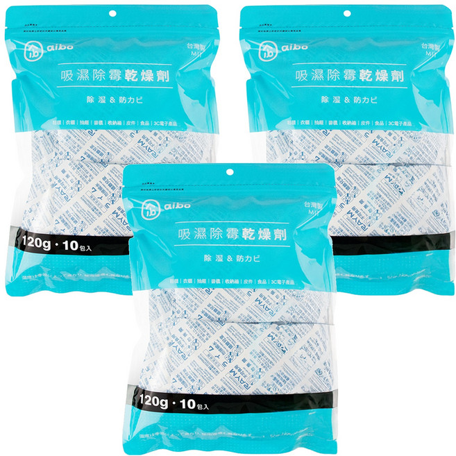 aibo 吸濕除霉乾燥劑 夾鍊袋裝 台灣製 10包, 1.2kg, 3袋