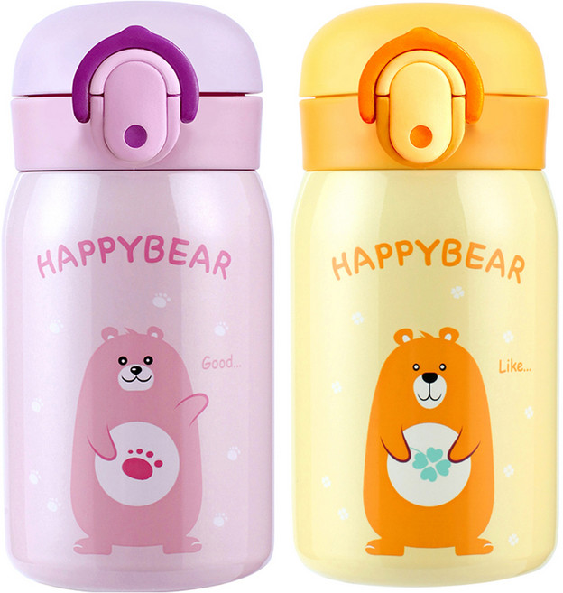 해피베어 원터치 보온보냉병 2종 세트, 핑크 + 옐로우, 250ml, 1세트