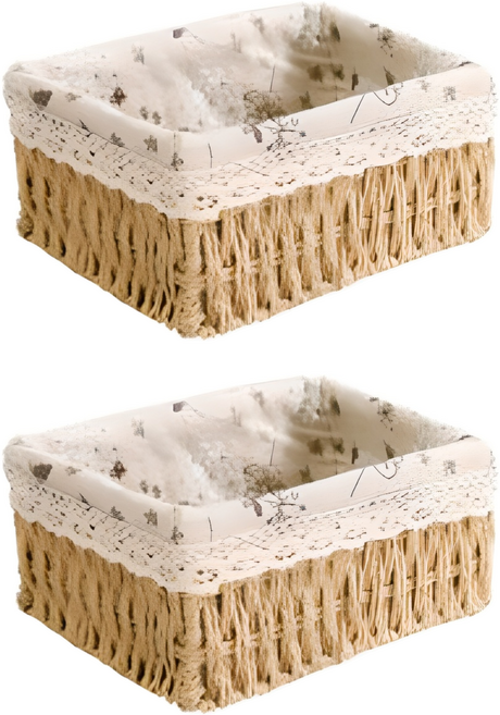 내츄럴 수공예 직사각 수납 린넨 라탄바구니, 혼합색상, 2개