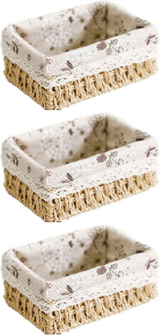 내츄럴 수공예 직사각 수납 린넨 라탄바구니, 혼합색상, 3개