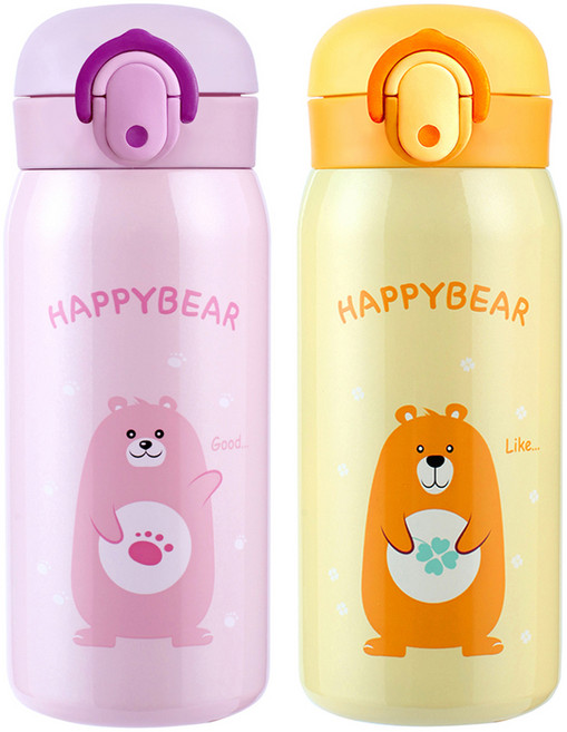해피베어 원터치 보온보냉병 350ml x 2종 세트, 핑크 + 옐로우, 1세트