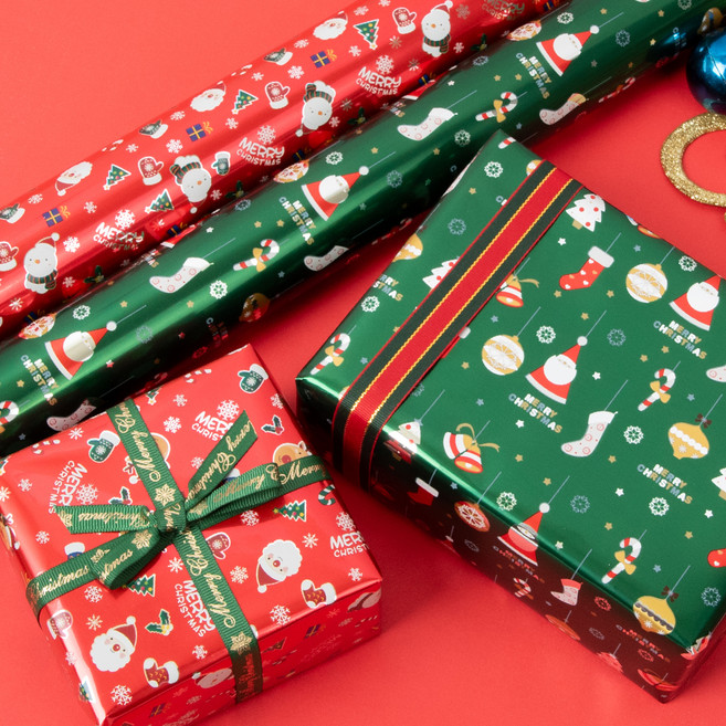 좋은기븐 빨간코 산타와 루돌프 + 산타와 양말 메탈롤 포장지 세트, 그린 + 레드, 3세트