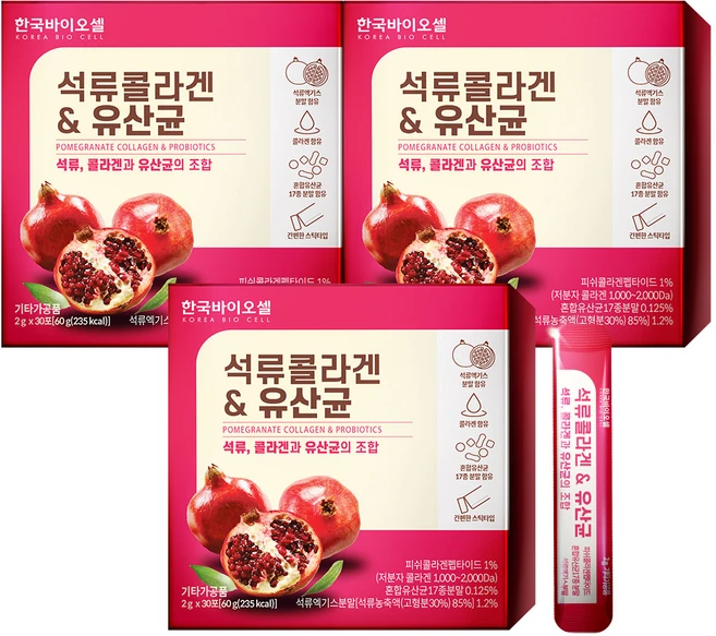 한국바이오셀 석류콜라겐 & 유산균 영양제, 60g, 3개 - 쿠팡