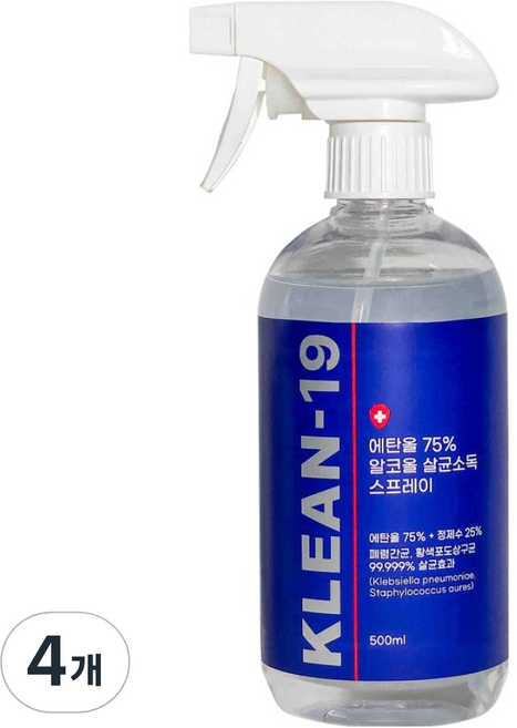 KLEAN 19 에탄올 75% 알코올 살균소독 스프레이, 4개, 500ml