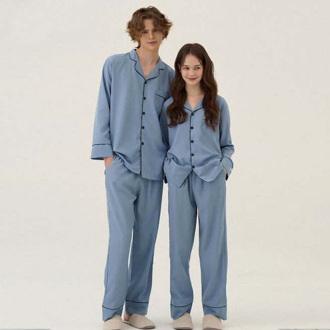 도씨 커플용 실크핏 솔리드 긴팔 잠옷 세트 D-3657