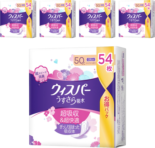 whisper 好自在 日本原裝進口 舒爽超吸收成人護墊 成人尿布 50cc 無翼型, 24cm, 54片, 5包